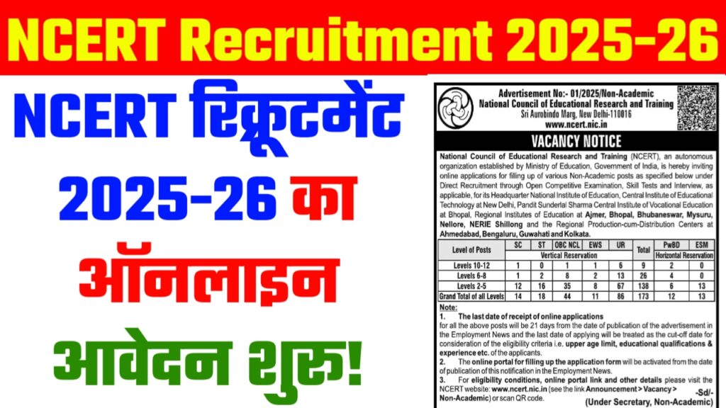 NCERT Recruitment 2025-26 : NCERT रिक्रूटमेंट 2025-26 का ऑनलाइन आवेदन शुरू!